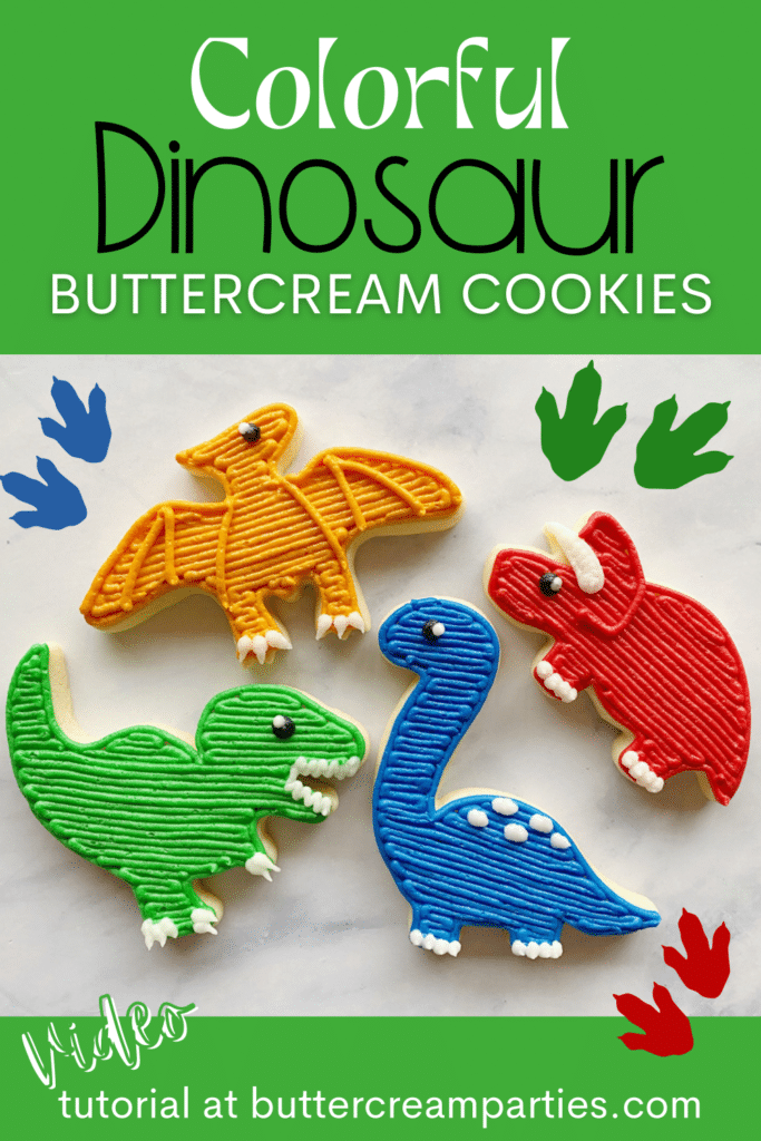 decorating dinosaur cookies with buttercream frosting for a dinosaur birthday party