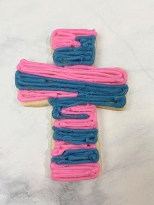 Wooden Cross Cookies with Pink and Blue Buttercream