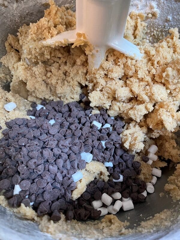 smores cookie recipe adding chocolate chips and dehydrated marshmallows