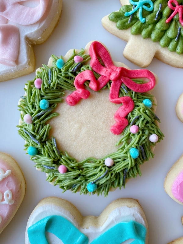 christmas wreath with ribbon sugar cookies