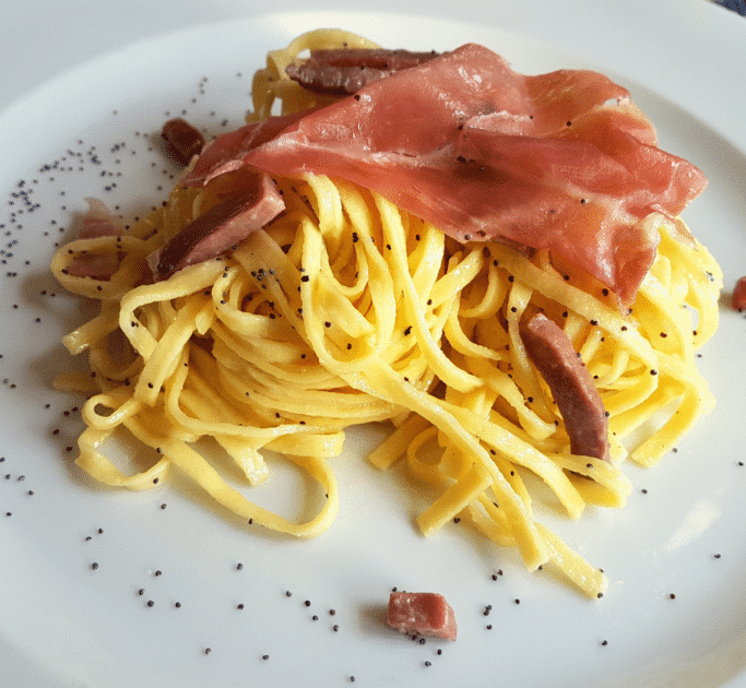pink prosciutto pasta for a barbie birthday party food idea